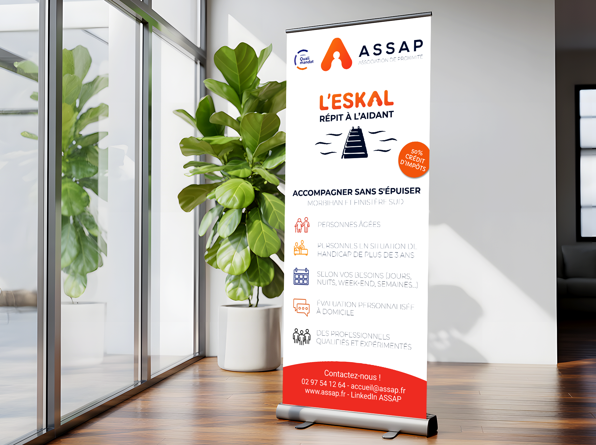 Mockup du roll-up de l'Eskal, service de répit à l'aidant proposé par l'ASSAP
